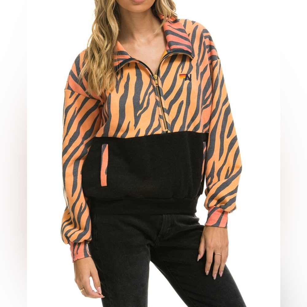 NWT Aviator Nation Fleece Unisex Half Zip Color Block Jacket‎ Tiger Black Medium